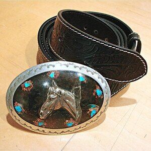 Full Grain Tooled Leather Belt Horse Head Buckle Turquoise Copper BS118 Size 46